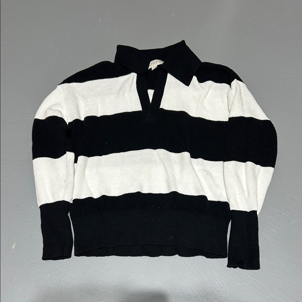 LOFT Black and White Striped Collared V Neck Sweater Top